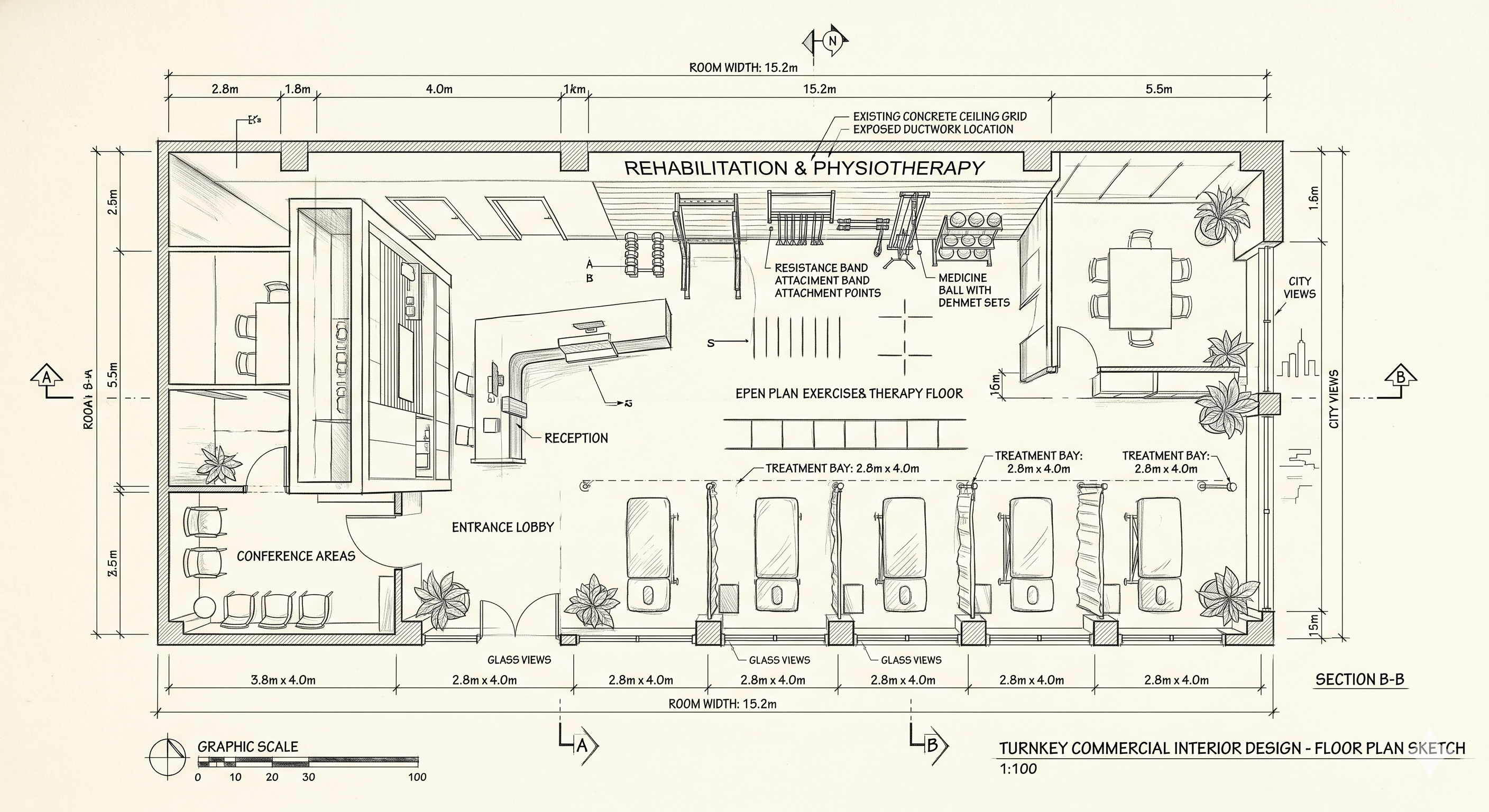 Turnkey commercial interior design — floor plan sketch