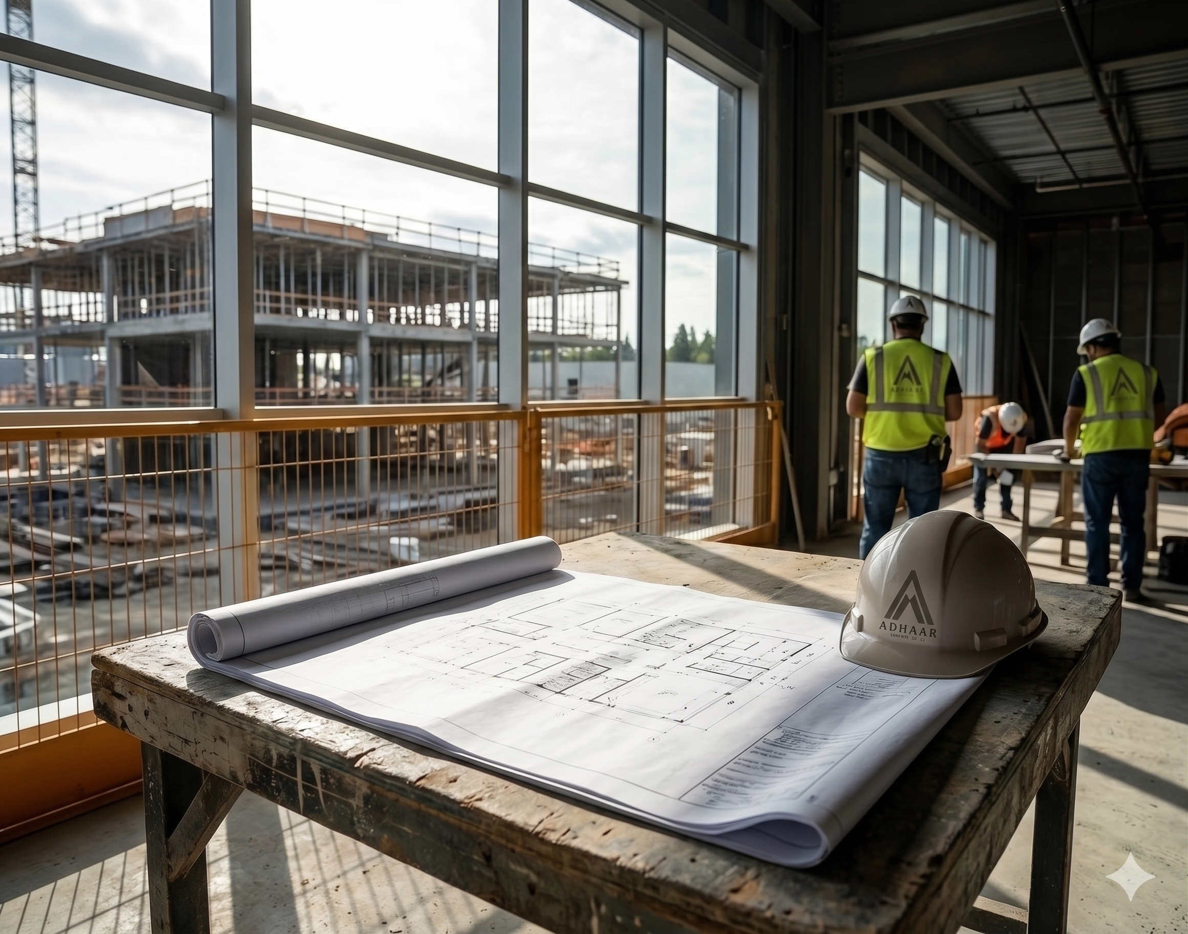 Construction management — blueprints and active construction site