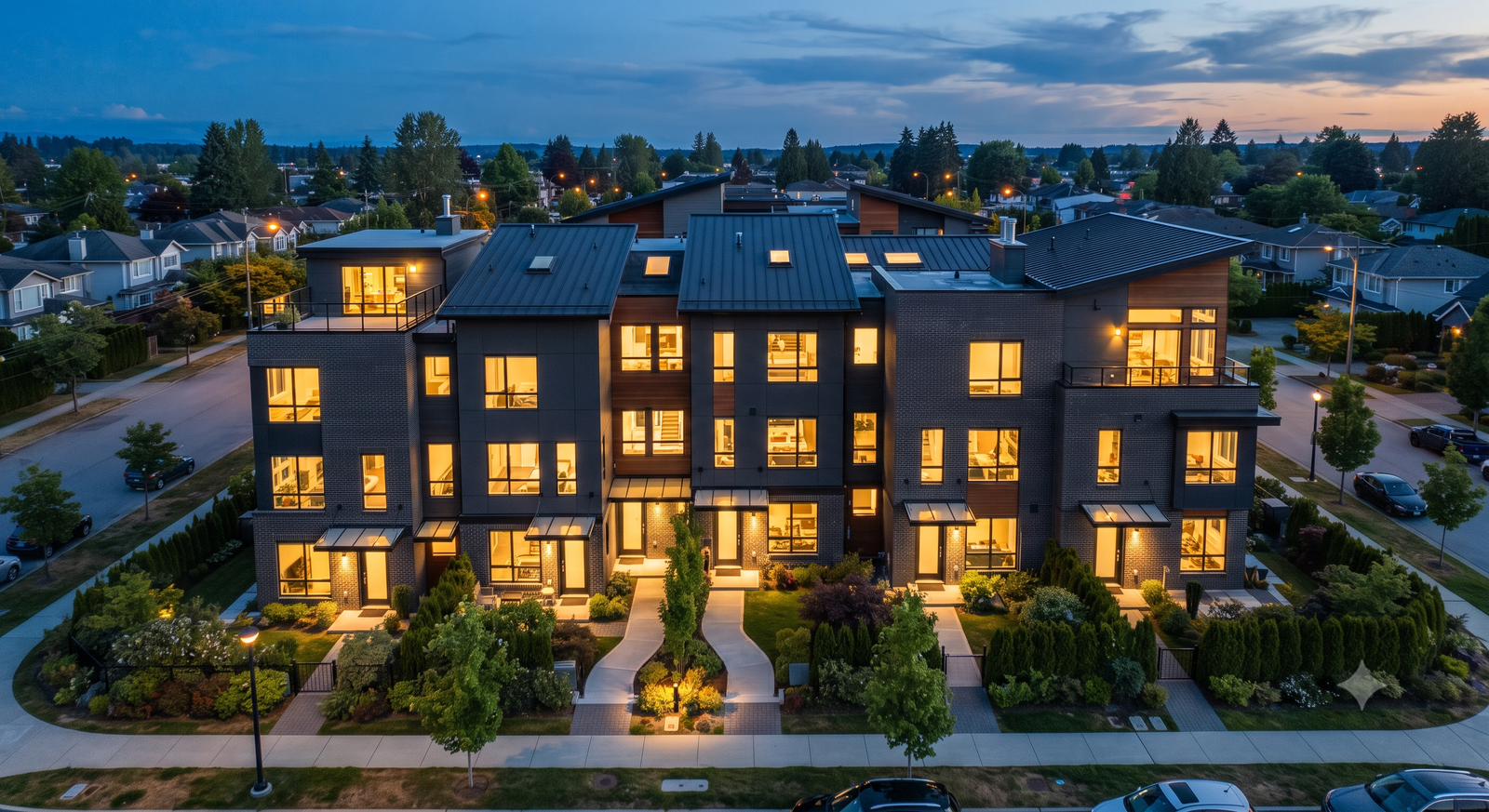 Multi-family development — modern townhouse row at dusk