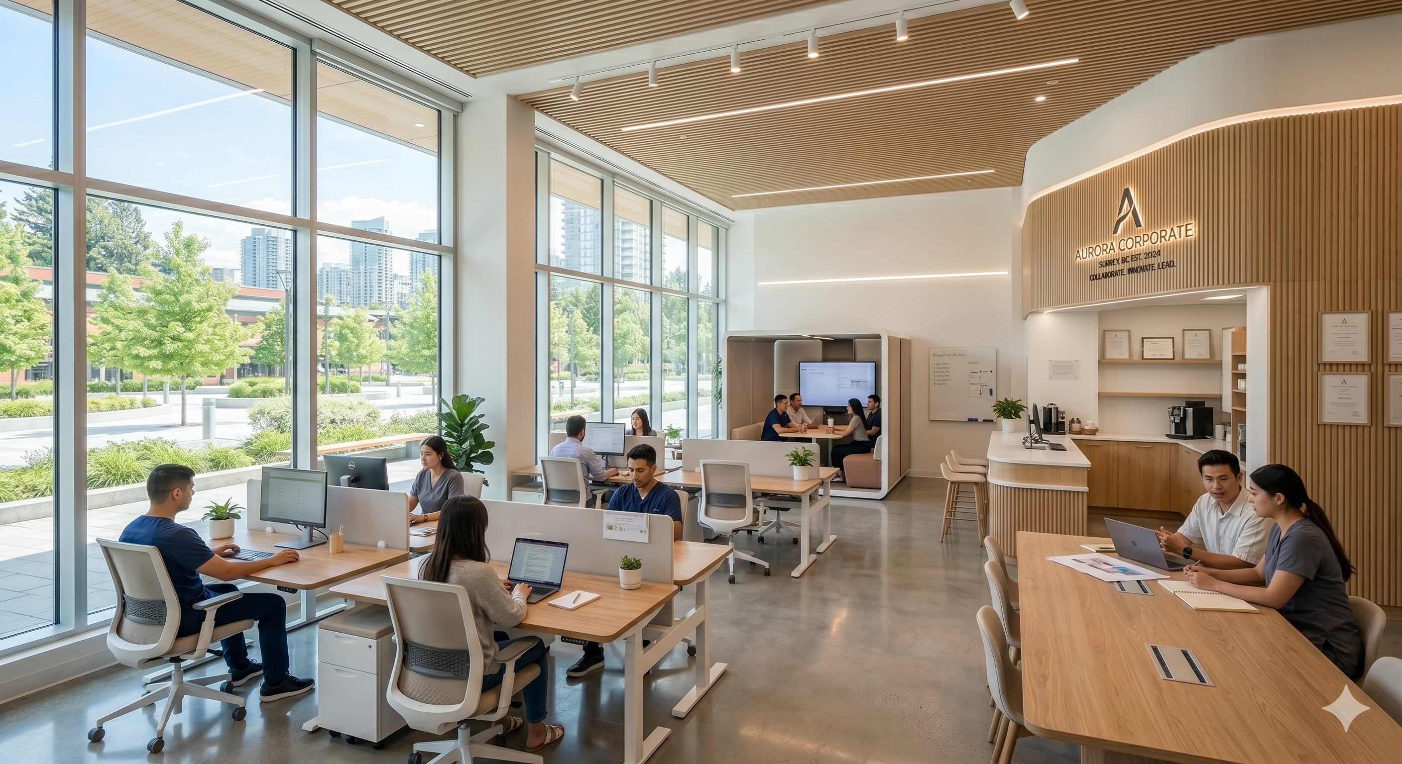 Modern corporate office interior — open plan workspace