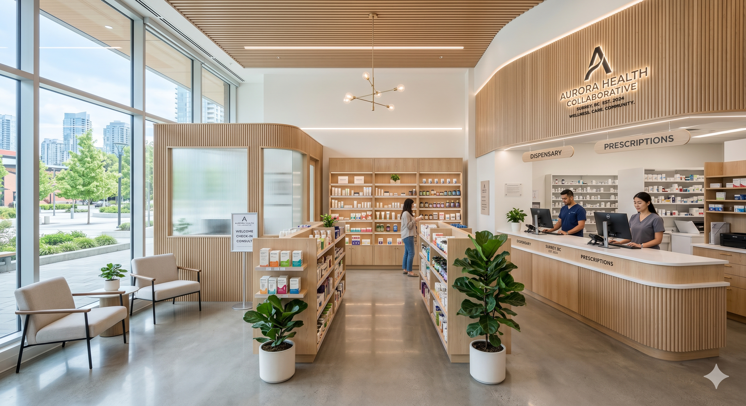 Modern pharmacy interior — dispensary and retail layout